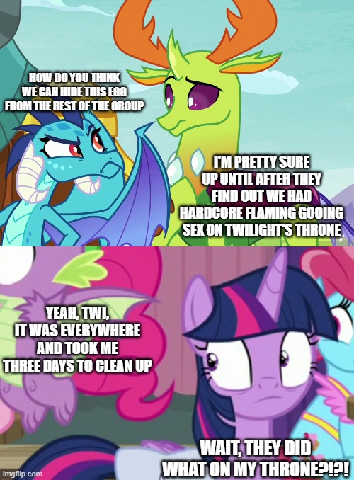 HOW DO YOU THINK WE CAN HIDE THIS EGG FROM THE REST OF THE GROUP; I'M PRETTY SURE UP UNTIL AFTER THEY FIND OUT WE HAD HARDCORE FLAMING GOOING SEX ON TWILIGHT'S THRONE; YEAH, TWI, IT WAS EVERYWHERE AND TOOK ME THREE DAYS TO CLEAN UP; WAIT, THEY DID WHAT ON MY THRONE?!?! | made w/ Imgflip meme maker