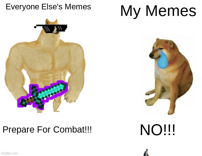 Buff Doge vs. Cheems | Everyone Else's Memes; My Memes; NO!!! Prepare For Combat!!! | image tagged in memes,buff doge vs cheems | made w/ Imgflip meme maker