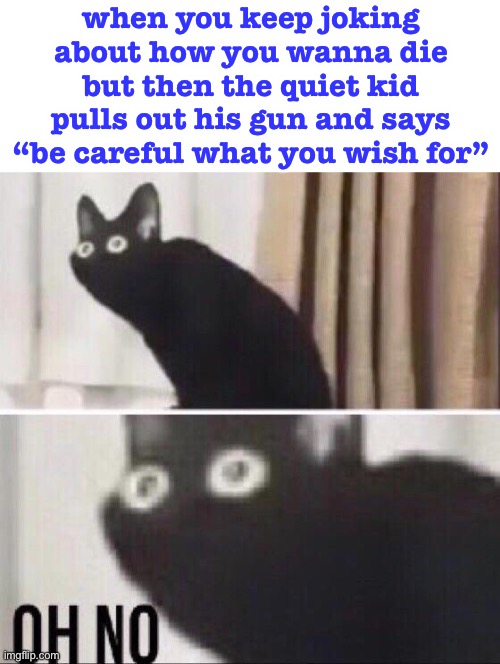 oops | when you keep joking about how you wanna die but then the quiet kid pulls out his gun and says “be careful what you wish for” | image tagged in oh no cat,dark humor,uh oh gru,quiet kid,guns,death | made w/ Imgflip meme maker