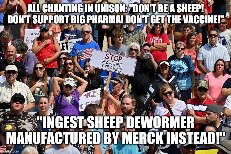 The Derpocalypse Is Upon Us | ALL CHANTING IN UNISON: "DON'T BE A SHEEP! DON'T SUPPORT BIG PHARMA! DON'T GET THE VACCINE!"; "INGEST SHEEP DEWORMER MANUFACTURED BY MERCK INSTEAD!" | image tagged in vaccine,big pharma,sheep,tide pods,derpocalypse,ivermectin | made w/ Imgflip meme maker