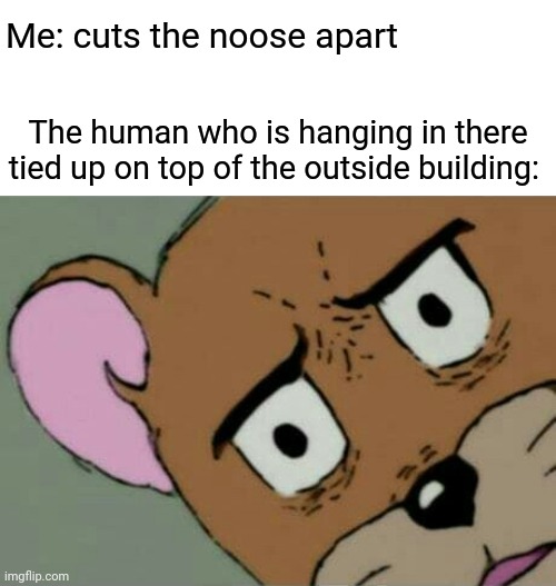 Sadly, that human would end up falling and getting hurt so badly | Me: cuts the noose apart; The human who is hanging in there tied up on top of the outside building: | image tagged in unsettled jerry,noose,hanging,dark humor,memes,meme | made w/ Imgflip meme maker