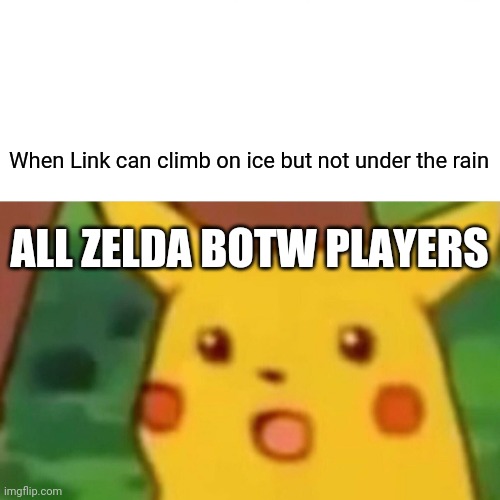 Zelda Botw logic |  When Link can climb on ice but not under the rain; ALL ZELDA BOTW PLAYERS | image tagged in memes,surprised pikachu | made w/ Imgflip meme maker