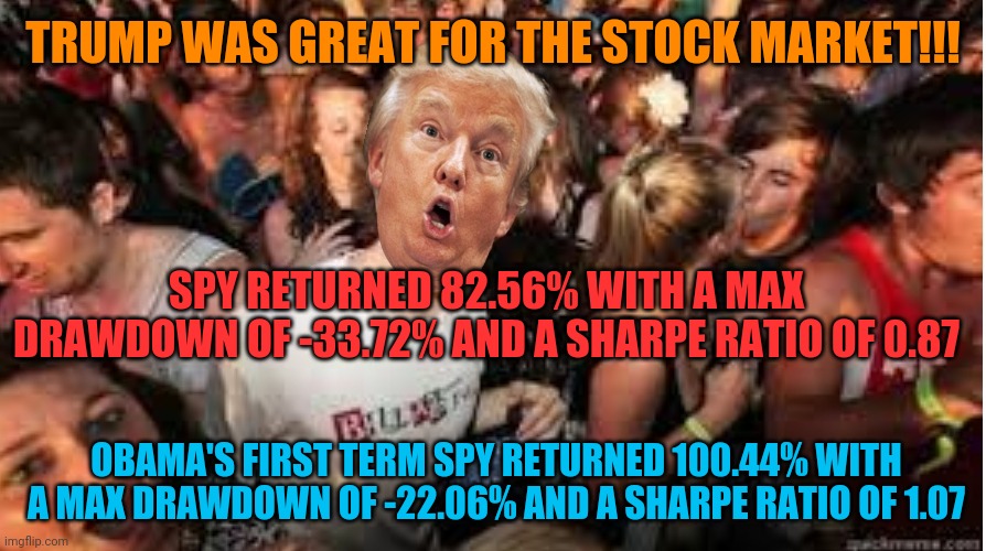 Suddenly clear Donald | TRUMP WAS GREAT FOR THE STOCK MARKET!!! SPY RETURNED 82.56% WITH A MAX DRAWDOWN OF -33.72% AND A SHARPE RATIO OF 0.87; OBAMA'S FIRST TERM SPY RETURNED 100.44% WITH A MAX DRAWDOWN OF -22.06% AND A SHARPE RATIO OF 1.07 | image tagged in suddenly clear donald | made w/ Imgflip meme maker