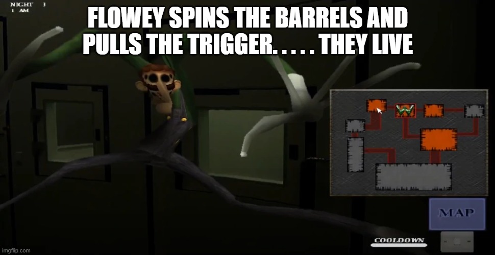 happy | FLOWEY SPINS THE BARRELS AND PULLS THE TRIGGER. . . . . THEY LIVE | image tagged in happy | made w/ Imgflip meme maker