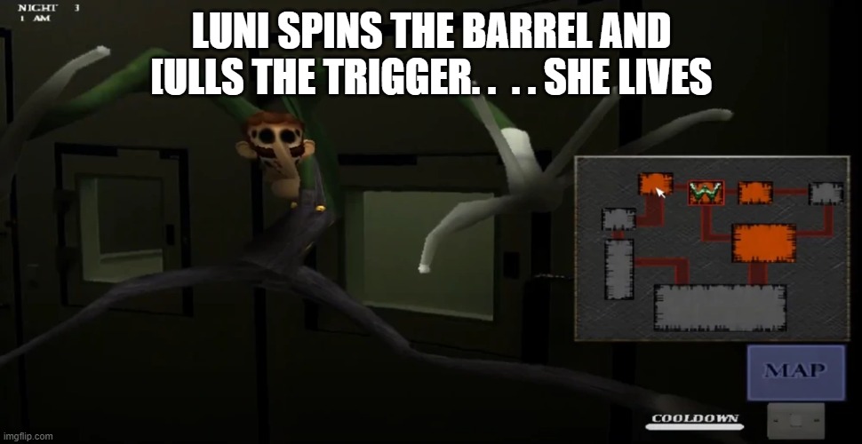 happy | LUNI SPINS THE BARREL AND [ULLS THE TRIGGER. .  . . SHE LIVES | image tagged in happy,she was so close to the bullet in the chamber | made w/ Imgflip meme maker