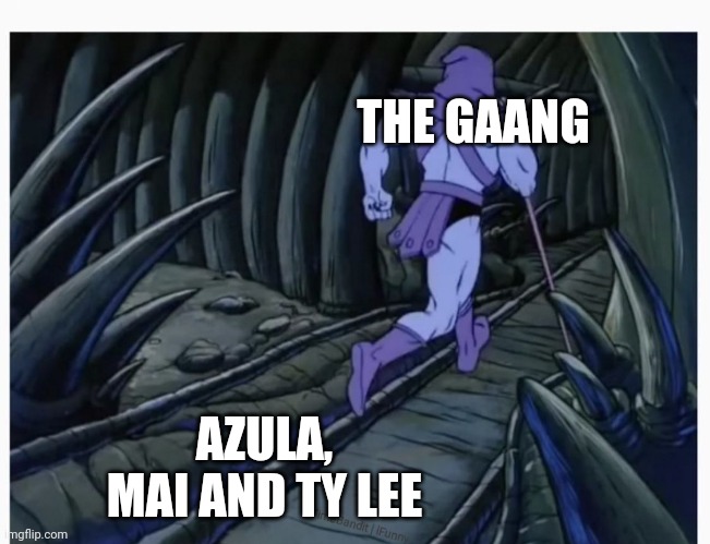 Skeletor Running Away | THE GAANG; AZULA, MAI AND TY LEE | image tagged in skeletor running away | made w/ Imgflip meme maker