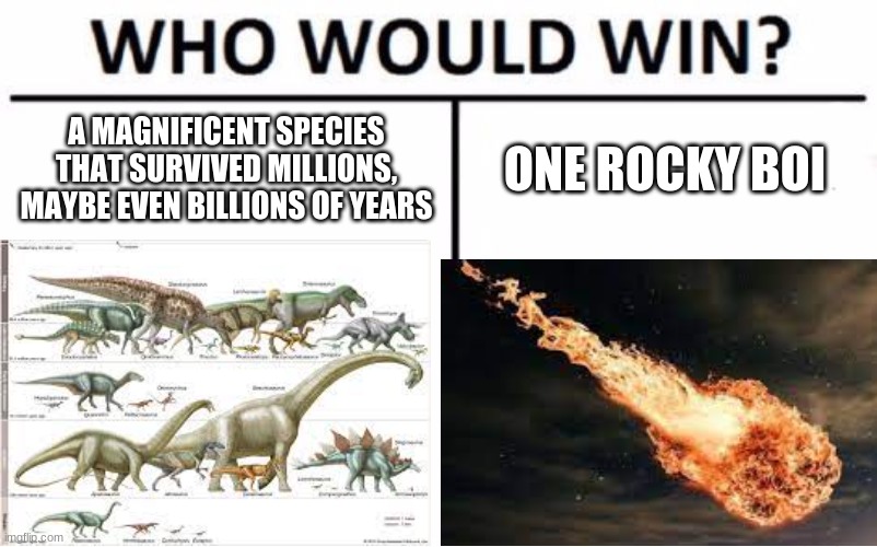 An old meme, but remastered. |  A MAGNIFICENT SPECIES THAT SURVIVED MILLIONS, MAYBE EVEN BILLIONS OF YEARS; ONE ROCKY BOI | image tagged in memes,who would win,dinosaurs,asteroid | made w/ Imgflip meme maker