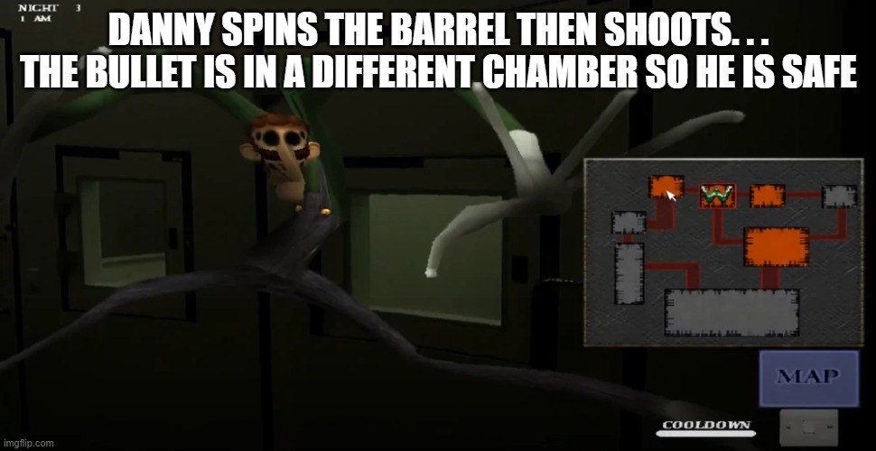 happy | DANNY SPINS THE BARREL THEN SHOOTS. . . THE BULLET IS IN A DIFFERENT CHAMBER SO HE IS SAFE | image tagged in happy | made w/ Imgflip meme maker