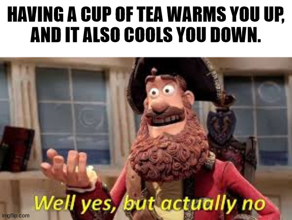 Cup of tea dichotomy | HAVING A CUP OF TEA WARMS YOU UP,
AND IT ALSO COOLS YOU DOWN. | image tagged in well yes but actually no | made w/ Imgflip meme maker