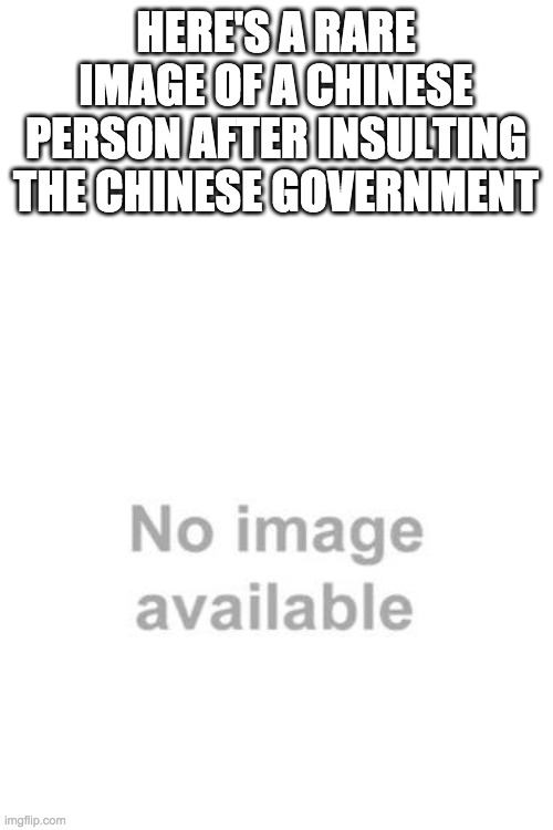 Image not found | HERE'S A RARE IMAGE OF A CHINESE PERSON AFTER INSULTING THE CHINESE GOVERNMENT | image tagged in image not found | made w/ Imgflip meme maker