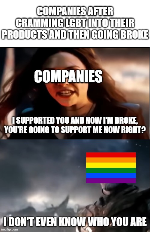 Get Woke Go Broke Meme | COMPANIES AFTER CRAMMING LGBT INTO THEIR PRODUCTS AND THEN GOING BROKE; COMPANIES; I SUPPORTED YOU AND NOW I'M BROKE, YOU'RE GOING TO SUPPORT ME NOW RIGHT? I DON'T EVEN KNOW WHO YOU ARE | image tagged in thanos i don't even know who you are,get woke go broke,company,lgbt,lgbtq | made w/ Imgflip meme maker