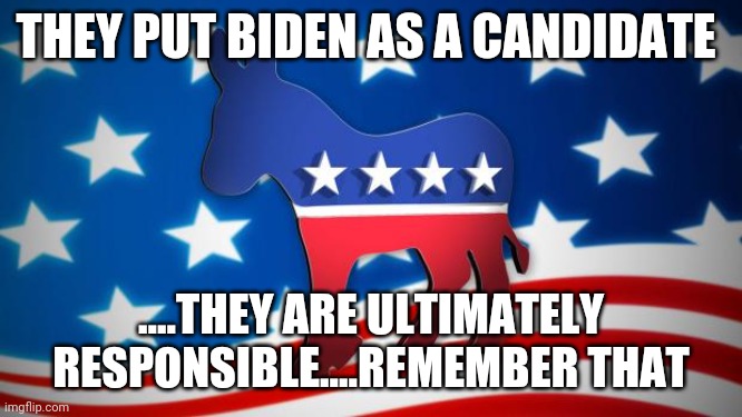 Democrats | THEY PUT BIDEN AS A CANDIDATE; ....THEY ARE ULTIMATELY RESPONSIBLE....REMEMBER THAT | image tagged in democrats | made w/ Imgflip meme maker