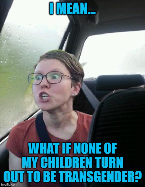introspective triggered feminist | I MEAN... WHAT IF NONE OF MY CHILDREN TURN OUT TO BE TRANSGENDER? | image tagged in introspective triggered feminist,memes,children,transgender,liberal,trans | made w/ Imgflip meme maker