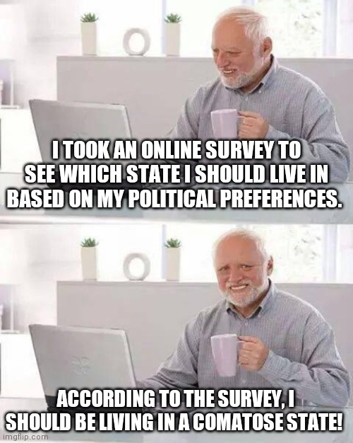 Which state should I live in? | I TOOK AN ONLINE SURVEY TO SEE WHICH STATE I SHOULD LIVE IN BASED ON MY POLITICAL PREFERENCES. ACCORDING TO THE SURVEY, I SHOULD BE LIVING IN A COMATOSE STATE! | image tagged in memes,hide the pain harold,political meme,political humor,politically correct,politically incorrect | made w/ Imgflip meme maker