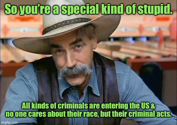 Sam Elliott special kind of stupid | So you’re a special kind of stupid. All kinds of criminals are entering the US & no one cares about their race, but their criminal acts. | image tagged in sam elliott special kind of stupid | made w/ Imgflip meme maker