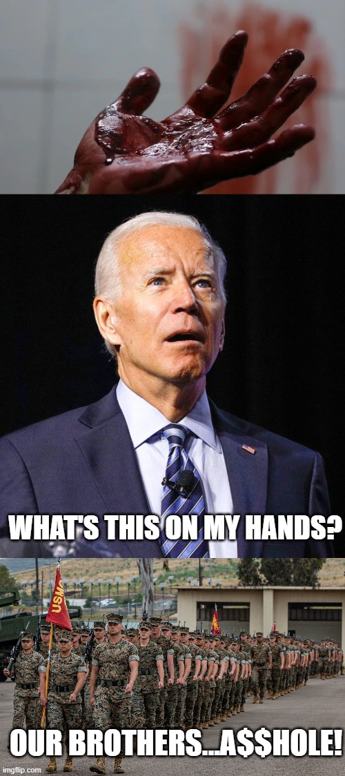 WHAT'S THIS ON MY HANDS? OUR BROTHERS...A$$HOLE! | image tagged in joe biden | made w/ Imgflip meme maker