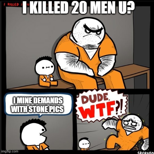 minecraft noobs | I KILLED 20 MEN U? I MINE DEMANDS WITH STONE PICS | image tagged in dude wtf | made w/ Imgflip meme maker