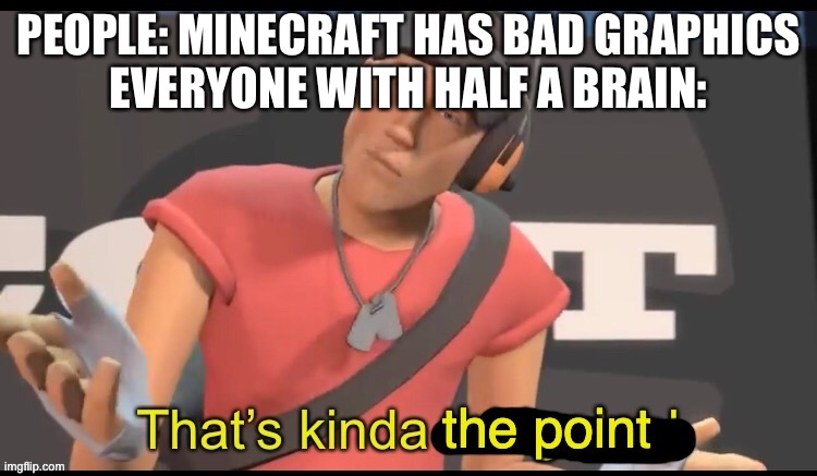 that's the point | PEOPLE: MINECRAFT HAS BAD GRAPHICS
EVERYONE WITH HALF A BRAIN: | image tagged in that's the point | made w/ Imgflip meme maker