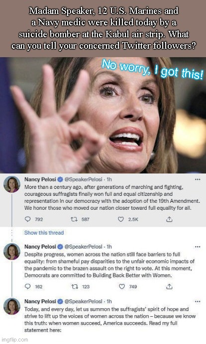 U.S. personnel killed today and Nancy Pelosi starts off her Twitter day in the typical tone deaf fashion | Madam Speaker, 12 U.S. Marines and a Navy medic were killed today by a suicide bomber at the Kabul air strip. What can you tell your concerned Twitter followers? No worry, I got this! | image tagged in nancy pelosi wtf,americans killed in kabul,us personnel die,out of touch,tone deaf,indifference | made w/ Imgflip meme maker