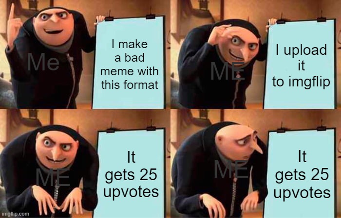My plan to get -10 votes fails | I make a bad meme with this format; I upload it to imgflip; Me; ME; It gets 25 upvotes; It gets 25 upvotes; ME; ME | image tagged in memes,gru's plan | made w/ Imgflip meme maker