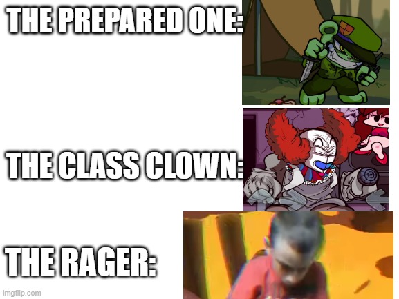 Blank White Template | THE PREPARED ONE:; THE CLASS CLOWN:; THE RAGER: | image tagged in blank white template | made w/ Imgflip meme maker