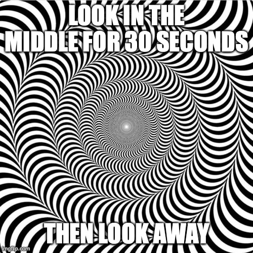 optical illusion | LOOK IN THE MIDDLE FOR 30 SECONDS; THEN LOOK AWAY | image tagged in optical illusion 2 | made w/ Imgflip meme maker