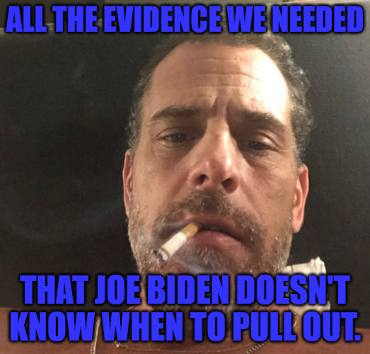 Time to Pull Out | ALL THE EVIDENCE WE NEEDED; THAT JOE BIDEN DOESN'T KNOW WHEN TO PULL OUT. | image tagged in hunter biden | made w/ Imgflip meme maker