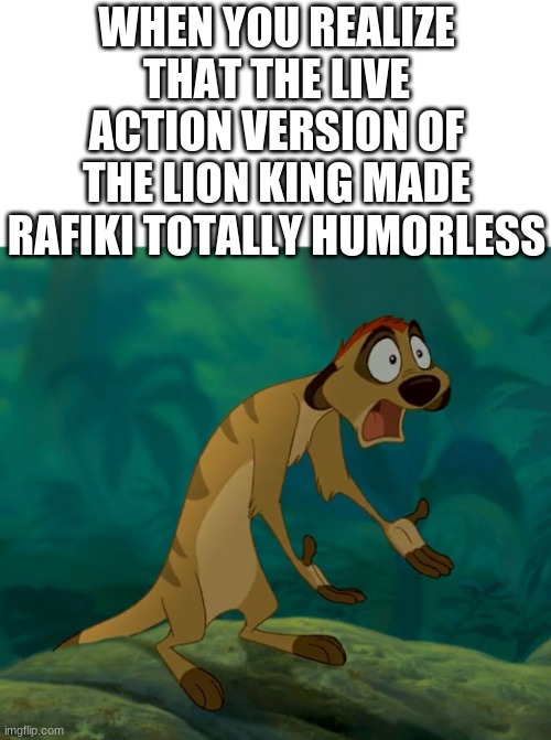 Lion King memes |  WHEN YOU REALIZE THAT THE LIVE ACTION VERSION OF THE LION KING MADE RAFIKI TOTALLY HUMORLESS | image tagged in baffled timon | made w/ Imgflip meme maker