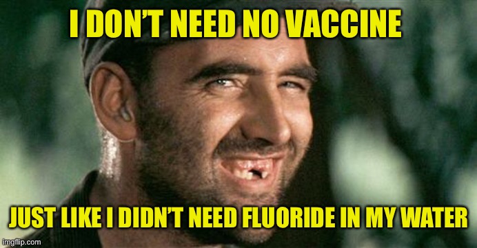 Posts anti-technology rants on a service built using technology | I DON’T NEED NO VACCINE; JUST LIKE I DIDN’T NEED FLUORIDE IN MY WATER | image tagged in deliverance hillbilly | made w/ Imgflip meme maker