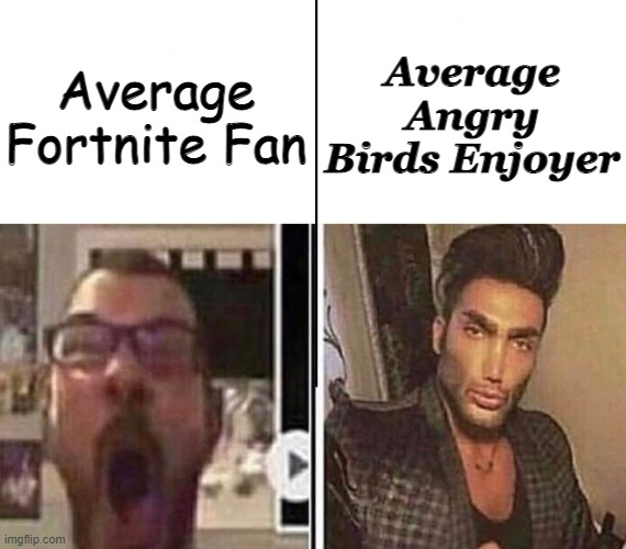 the birbs be angery tho | Average
Fortnite Fan; Average
Angry Birds Enjoyer | image tagged in average fan vs average enjoyer,fortnite sucks,angry birds | made w/ Imgflip meme maker