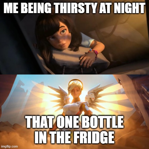 Overwatch Mercy Meme | ME BEING THIRSTY AT NIGHT THAT ONE BOTTLE IN THE FRIDGE | image tagged in overwatch mercy meme | made w/ Imgflip meme maker