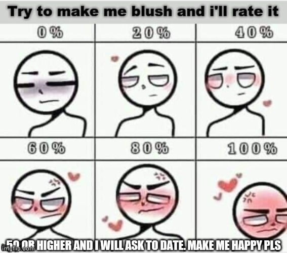 Pls make me smile | 50 OR HIGHER AND I WILL ASK TO DATE. MAKE ME HAPPY PLS | image tagged in blush | made w/ Imgflip meme maker
