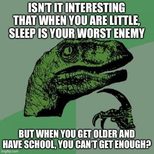 true tho |  ISN’T IT INTERESTING THAT WHEN YOU ARE LITTLE, SLEEP IS YOUR WORST ENEMY; BUT WHEN YOU GET OLDER AND HAVE SCHOOL, YOU CAN’T GET ENOUGH? | image tagged in memes,philosoraptor,sleep,funny,kids,school | made w/ Imgflip meme maker