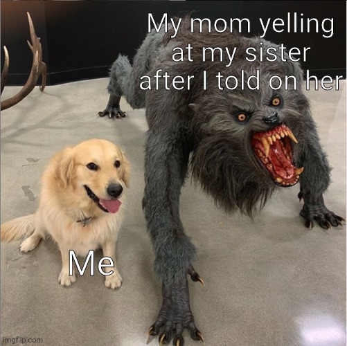Hehe | My mom yelling at my sister after I told on her; Me | image tagged in dog vs werewolf | made w/ Imgflip meme maker