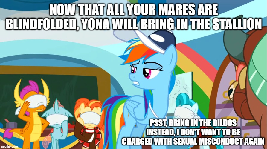 NOW THAT ALL YOUR MARES ARE BLINDFOLDED, YONA WILL BRING IN THE STALLION; PSST, BRING IN THE DILDOS INSTEAD, I DON'T WANT TO BE CHARGED WITH SEXUAL MISCONDUCT AGAIN | made w/ Imgflip meme maker