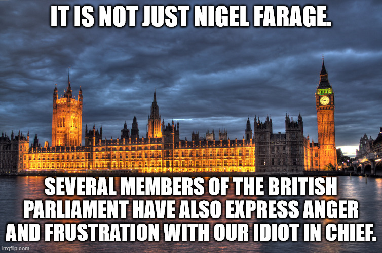 Houses of Parliament | IT IS NOT JUST NIGEL FARAGE. SEVERAL MEMBERS OF THE BRITISH PARLIAMENT HAVE ALSO EXPRESS ANGER AND FRUSTRATION WITH OUR IDIOT IN CHIEF. | image tagged in houses of parliament | made w/ Imgflip meme maker