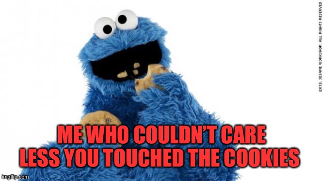 cookie monster | ME WHO COULDN’T CARE LESS YOU TOUCHED THE COOKIES | image tagged in cookie monster | made w/ Imgflip meme maker