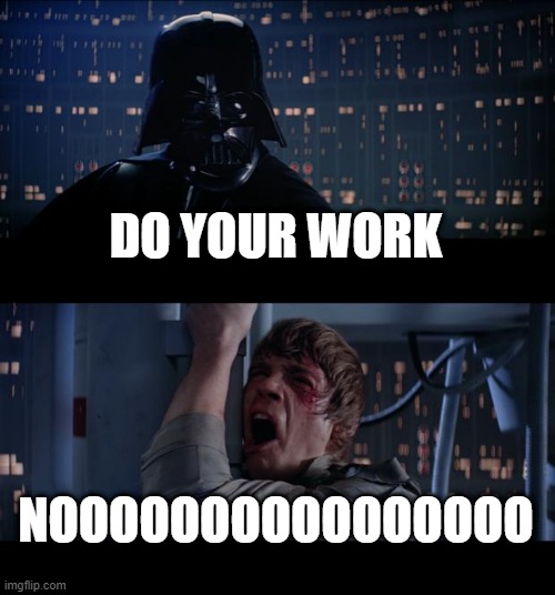 Star Wars No Meme | DO YOUR WORK; NOOOOOOOOOOOOOOOO | image tagged in memes,star wars no | made w/ Imgflip meme maker