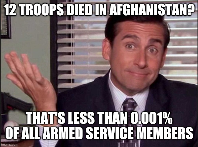 Michael Scott | 12 TROOPS DIED IN AFGHANISTAN? THAT'S LESS THAN 0.001% OF ALL ARMED SERVICE MEMBERS | image tagged in michael scott | made w/ Imgflip meme maker