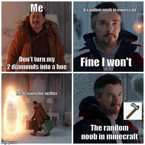 Seriously, we all hated it | Me; A random noob in minecraft; Don't turn my 2 diamonds into a hoe; Fine I won't; Me leaving the nether; The random noob in minecraft | image tagged in fine i won't | made w/ Imgflip meme maker