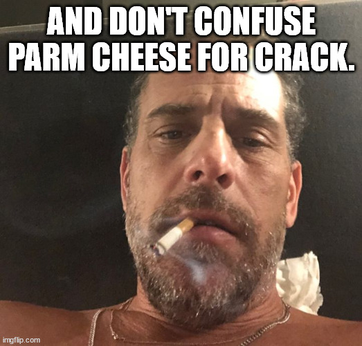 Hunter Biden | AND DON'T CONFUSE PARM CHEESE FOR CRACK. | image tagged in hunter biden | made w/ Imgflip meme maker