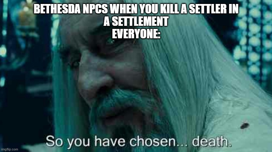 Bethesda NPCS | BETHESDA NPCS WHEN YOU KILL A SETTLER IN
A SETTLEMENT
EVERYONE: | image tagged in so you have chosen death | made w/ Imgflip meme maker