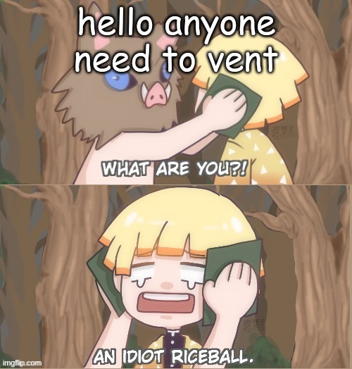 An Idiot Riceball | hello anyone need to vent | image tagged in an idiot riceball | made w/ Imgflip meme maker