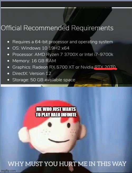 Why must Halo Infinite Require an RTX 2070 for recommended | ME WHO JUST WANTS TO PLAY HALO INFINITE | image tagged in why must you hurt me in this way,halo | made w/ Imgflip meme maker