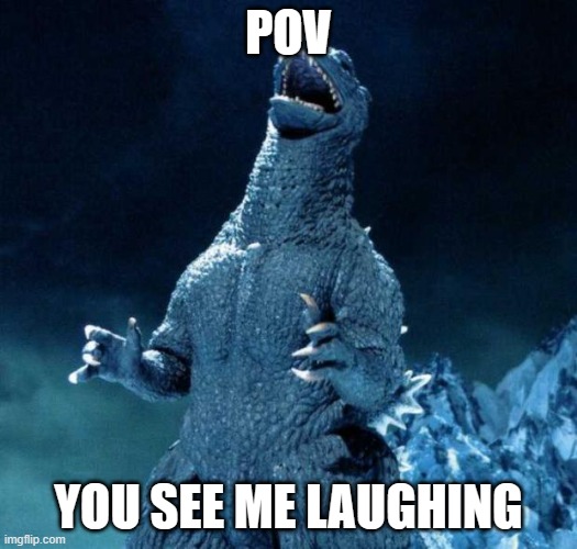 HAAHAHAHAHAHAHA | POV; YOU SEE ME LAUGHING | image tagged in laughing godzilla | made w/ Imgflip meme maker