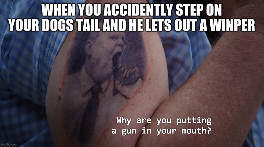 It's not a good feeling | WHEN YOU ACCIDENTLY STEP ON YOUR DOGS TAIL AND HE LETS OUT A WINPER | image tagged in hitchcock gun in mouth | made w/ Imgflip meme maker