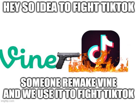 MAKE VINE GREAT AGAIN | HEY SO IDEA TO FIGHT TIKTOK; SOMEONE REMAKE VINE AND WE USE IT TO FIGHT TIKTOK | image tagged in blank white template | made w/ Imgflip meme maker