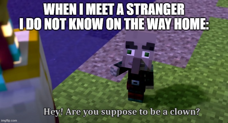 Stranger on the Way Home | WHEN I MEET A STRANGER I DO NOT KNOW ON THE WAY HOME: | image tagged in hey are you suppose to be a clown | made w/ Imgflip meme maker