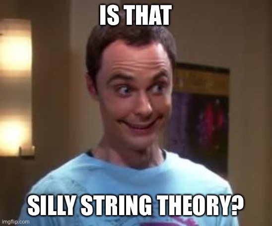 Sheldon Cooper smile | IS THAT SILLY STRING THEORY? | image tagged in sheldon cooper smile | made w/ Imgflip meme maker