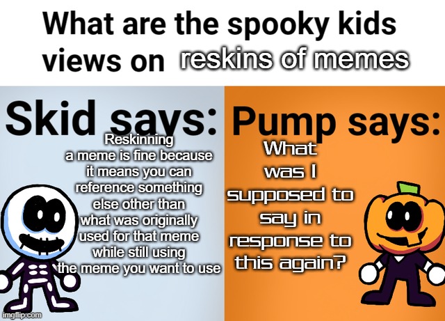 Well as long as the spooky kids are okay with me using reskins... | reskins of memes; Reskinning a meme is fine because it means you can reference something else other than what was originally used for that meme while still using the meme you want to use; What was I supposed to say in response to this again? | image tagged in spooky kids views,memes | made w/ Imgflip meme maker